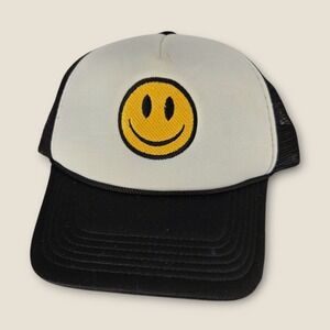 [Vintage Smiley Face Trucker Hat Black White Mesh 1990s Retro VTG Festival Trap]